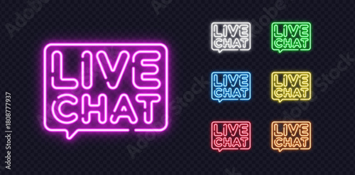 Set of glowing neon Live Chat signs in multiple colors on a transparent background. Perfect for advertising shops, restaurants, and modern digital promotions.