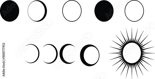 Moon phases and sun illustration, lunar cycle icons, celestial symbols, astronomy concept, nature rhythm, cosmic design, spiritual artwork