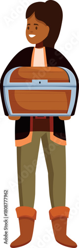 Happy woman holding wooden treasure chest, gaming or pirating concept