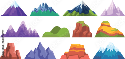 Mountain illustration set, stylized hills, colorful terrain graphics, geological formations, nature landscape icons, snow-capped peaks, artistic landform design