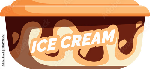 Ice cream melting in a plastic container with an orange lid, isolated on a white background