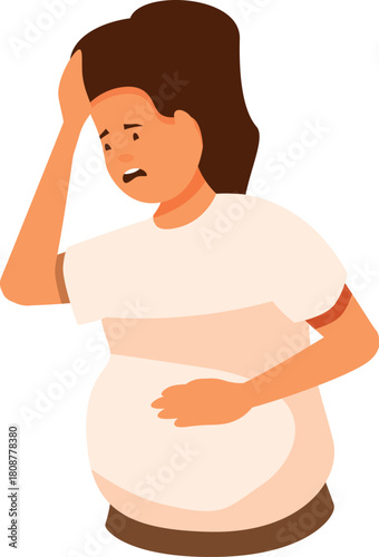 Pregnant woman feeling unwell, suffering headache and touching belly