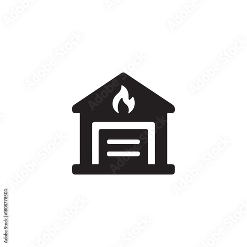Minimal Black Fire Station Icon with Flame Symbol for Emergency Services, UI, App, Map, and Safety Design