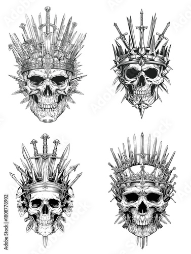 A detailed skull illustration crowned with swords and sharp spikes in dark monochrome style. Ideal for gothic art, tattoo designs, fantasy themes, heavy metal visuals, and symbolic concepts.