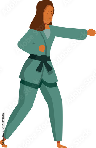 Karate practitioner performing a punch, wearing a green kimono and black belt, isolated on white background