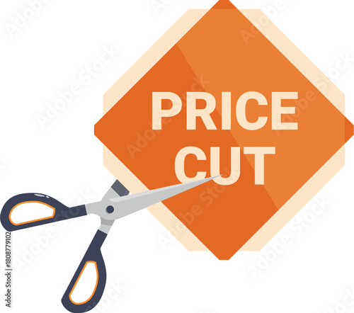 Scissors are cutting a price cut sign, symbolizing reduced expenses and offering potential savings for consumers