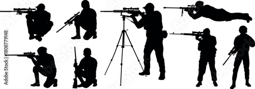 Sniper silhouette vector set. Tactical military shooting poses