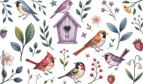 Whimsical birdhouse scene, colorful birds and berries, botanical illustration, heart-shaped design, nature-inspired art, spring wildlife composition