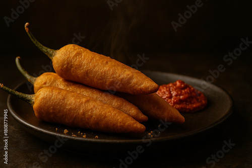 Hot Chilli Bajji With Red Chutney, Classic Indian Street Food Snack, Deep-Fried Green Peppers Served On Dark Plate With Steam, Spicy Vegetarian Starter In Moody Lighting