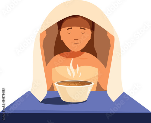 Sick woman inhaling hot soup steam for cold treatment, covered with blanket, home remedy for flu and cold symptoms