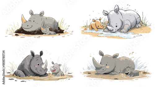 A cute cartoon illustration of a rhino and baby playing in mud and water with soft colors and playful expressions. Ideal for children content, animal themes, educational materials, and nursery designs