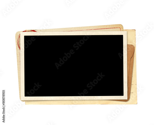 Retro photo, vintage envelope and cards. Old card, blank photo. Isolated on white. Nostalgic scrapbooking mockup template is perfect way to express creativity and evoke a sense of warm memories