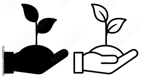 Hand Holding a Growing Plant Seedling Silhouette and Outline Icon on Transparent Background