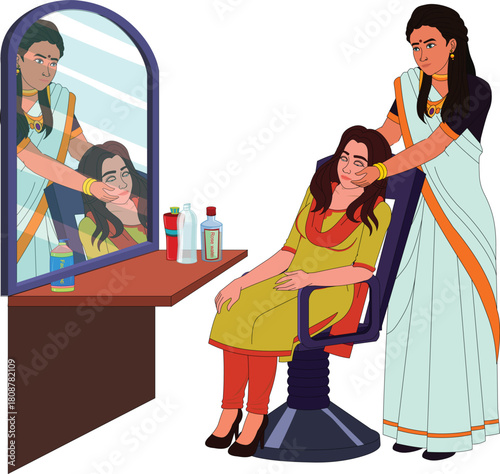 woman getting beauty parlour treatment with parlour girl vector illustration animation ready