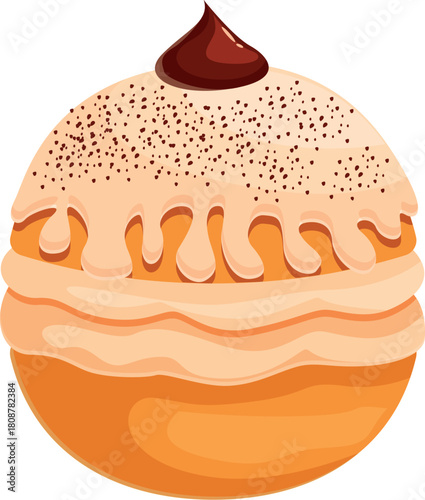 Round donut dripping with icing and chocolate topping, making a tempting treat for breakfast or dessert