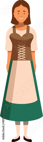 Full length portrait of a young smiling waitress wearing traditional bavarian or tyrolean costume, isolated on white background