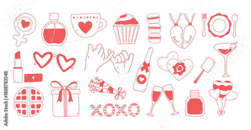 Cute Galentine's Day Doodle Set with Red Hand Drawn Party Icons
