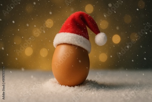 Festive egg wearing Christmas hat stands out against snowy background with soft bokeh lights creating warm atmosphere