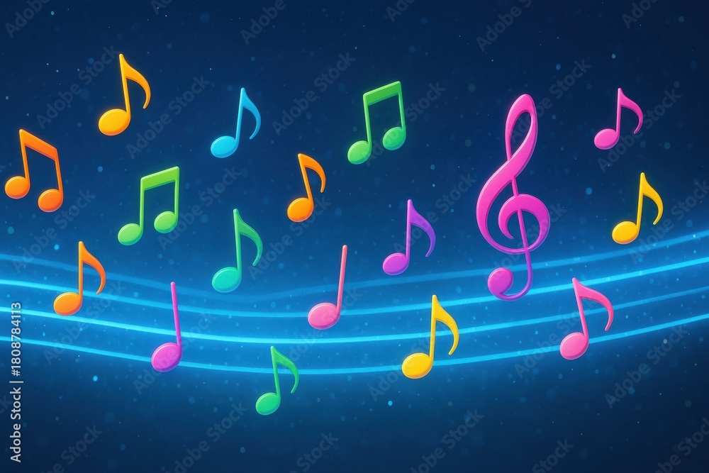 Fototapeta premium Colorful musical notes create vibrant scene filled with joy and rhythm, perfect for celebrating music and creativity