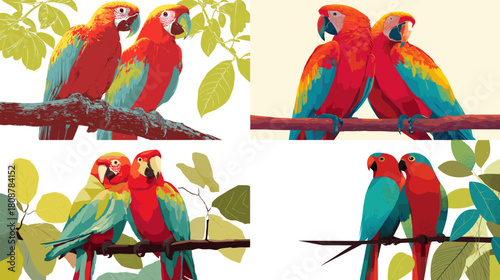 A bright and colorful illustration of parrot pairs perched on branches with leafy backgrounds. Perfect for tropical themes, wildlife art, bird lovers, and decorative nature designs.