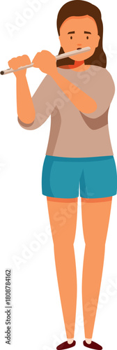 Female musician playing a transverse flute, creating beautiful music with a woodwind instrument