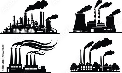 Industrial factory silhouette set, manufacturing plant icons with smoking chimneys, nuclear power station and refinery buildings, vector illustration.