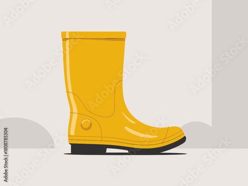 A bright yellow rain boot stands prominently against a clean white background, embodying readiness for rainy weather with its vibrant color and stylish design elements.