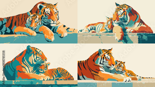 A vibrant pop art illustration of a tiger mother and cub resting together in warm colors. Perfect for wildlife themes, family concepts, animal portraits, and decorative artistic projects.