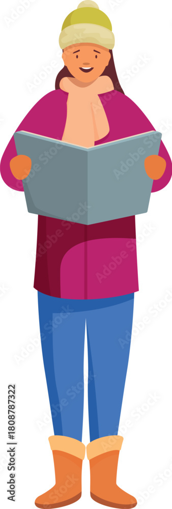 Fototapeta premium Christmas carol singer holding a song book and singing carols, wearing winter clothes