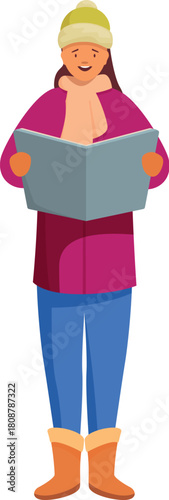 Christmas carol singer holding a song book and singing carols, wearing winter clothes