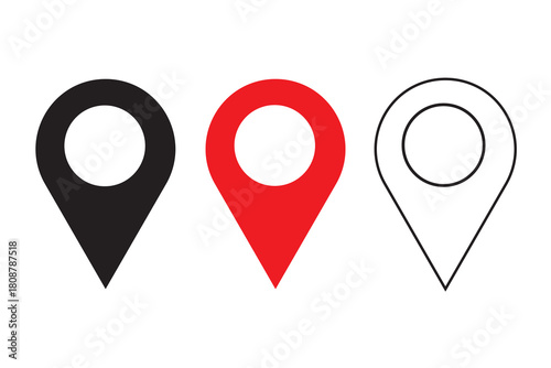 black and red location pin icon symbol sign isolated on white background, map flat vector icons
