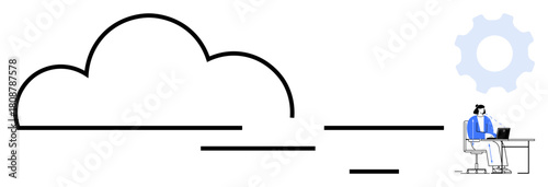 Cloud computing. Cloud computing with a cloud icon, professional at desk using a laptop, and gear element. Cloud computing innovation, digital transformation, IT management. Ideal for technology