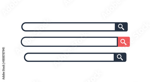 Three minimalist search bars on a white background, one with a red button.