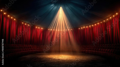 Inside circus tent with circle seats and spotlight concept. An illuminated stage with red curtains and dramatic lighting.