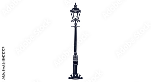 Vintage black and white illustration of an ornate street lamp on a white background.