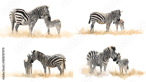 A soft watercolor illustration of a zebra mother standing closely with her baby on warm grassy plains. Gentle wildlife artwork perfect for nature themes, safari designs, and educational materials.