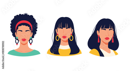 Illustration of three diverse women with stylish hair and bold earrings, representing empowerment and individuality.