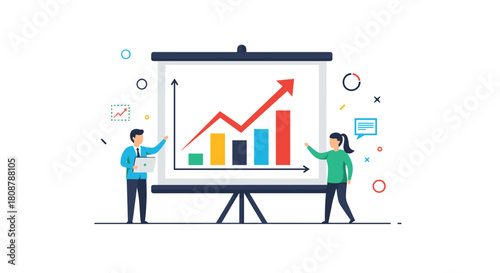 Two business people present a growing bar chart and arrow on a presentation screen.