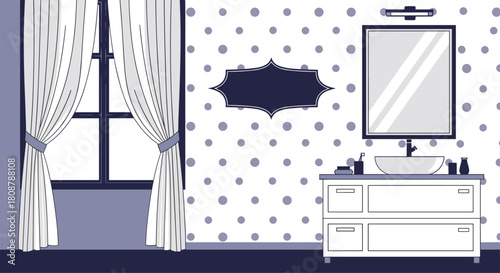 A simple, stylized illustration of a bathroom with a window, curtains, and a vanity with a sink and mirror.