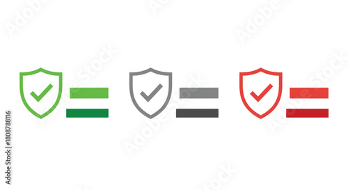 Three identical shields with checkmarks, each followed by two horizontal bars of the same color.