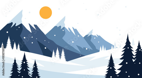 Flat design winter landscape with snow-capped mountains, pine trees, and a bright sun.