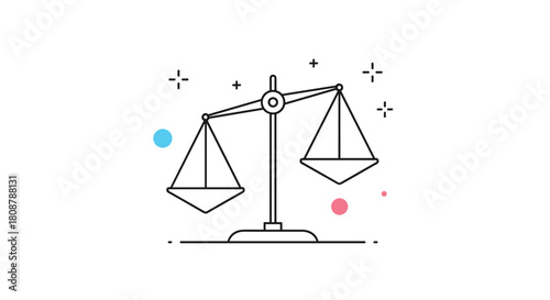 Illustration of a balanced scale with unequal weights on white background with colorful accents.