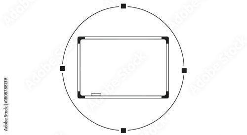 A whiteboard with a small eraser sits centrally within a circular frame with markers.