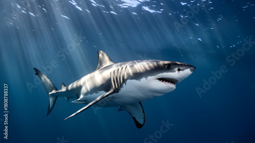 A powerful great white shark swims gracefully in the deep blue ocean, with sun rays piercing the water, highlighting its formidable presence and natural beauty