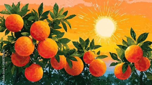 Vintage Florida postcard with iconic landmarks and vibes concept. Fresh oranges hanging on branches under a bright sunlit sky.