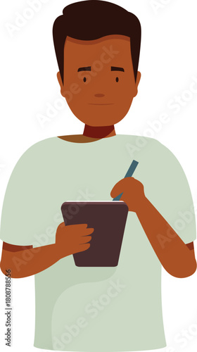 Concentrated man writing notes on a tablet with a digital pen