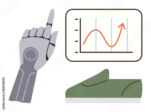 Robotic hand points upward near a performance graph and a shoe, symbolizing technology, data, progress, and innovation. Ideal for automation, AI, analytics, footwear design future performance