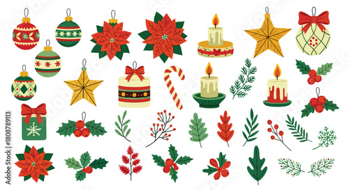 Festive Christmas holiday collection with ornaments, candles, poinsettias, holly, candy canes, gifts, and stars. Warm seasonal imagery is ideal for campaigns, greetings, and family celebrations.
