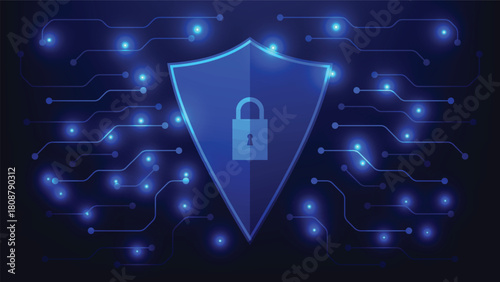 shield with padlock symbol on blue background with hi tech circuit board. cyber security technology and fraud prevention