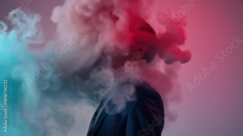 Abstract Businessman Portrait Dissolving into Dual-Colored Smoke Clouds, Corporate Burnout Concept